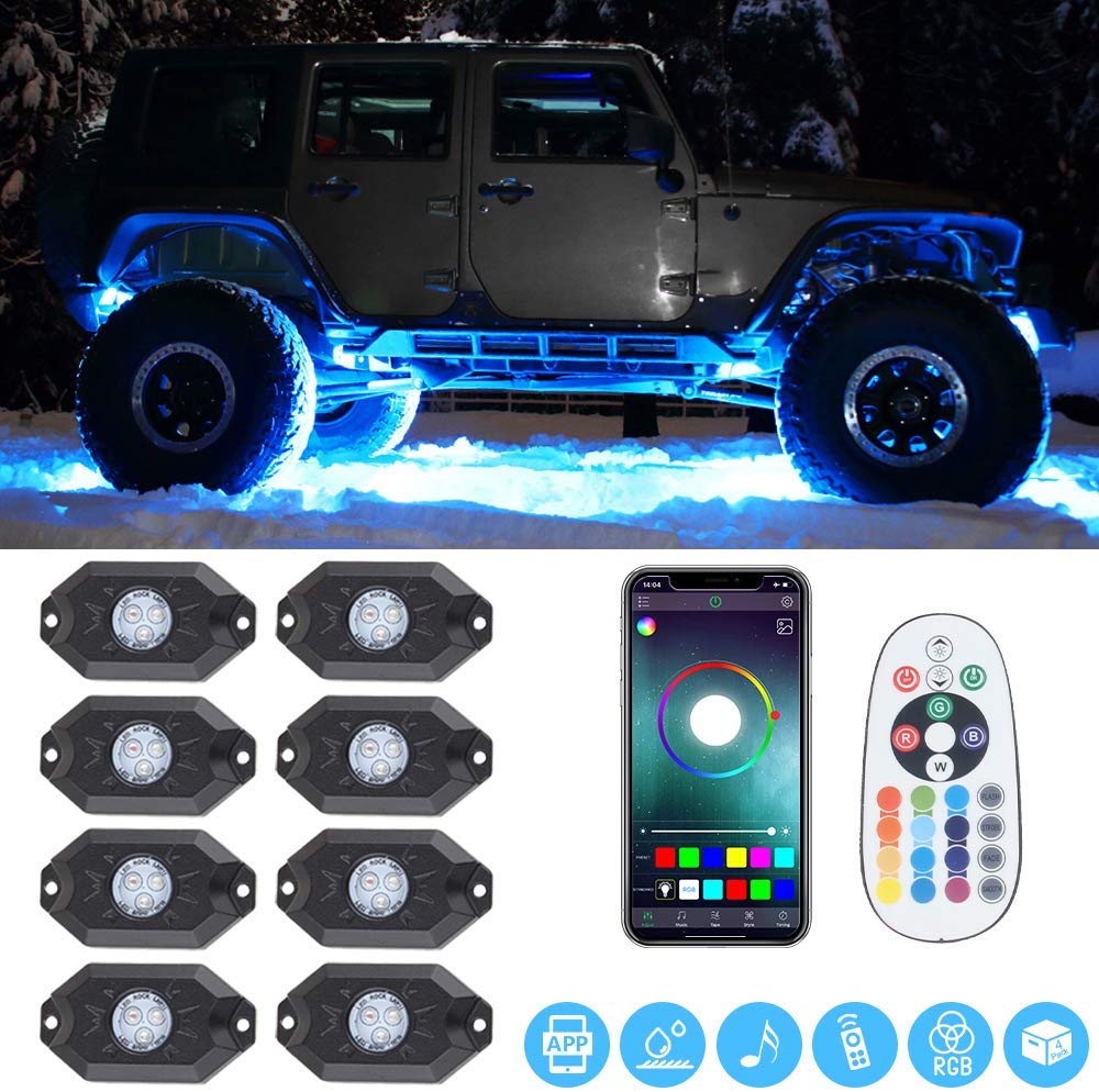 8Pods LED RGB Rock Lights Along With Cell Phone Control and Bluetooth Controller